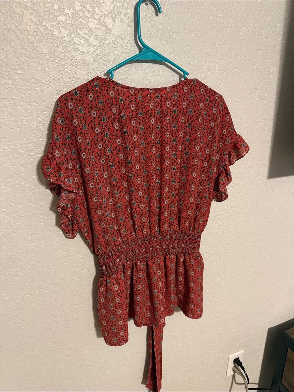 Madewell Coral Red Floral Tie-Waist V-Neck Blouse - Picture 4 of 4